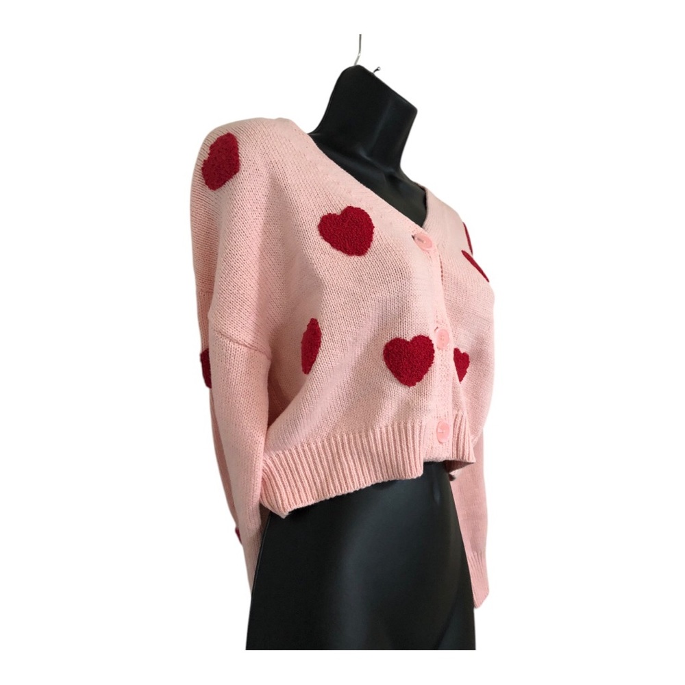Jessica Simpson tufted embroidered red hearts cropped pink cardigan size XL new‎ - Picture 9 of 12